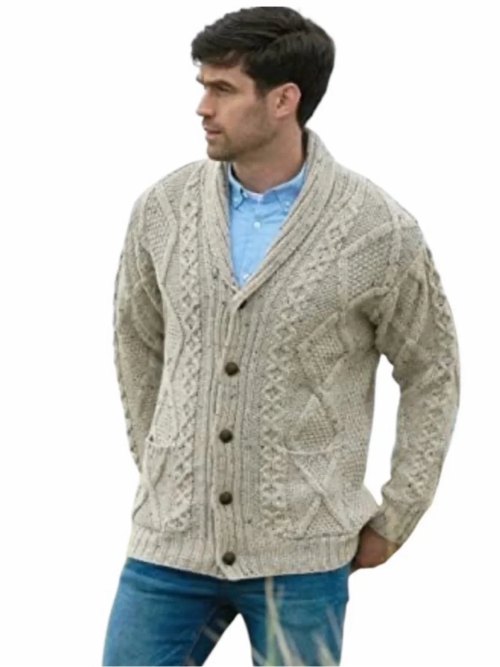 Aran Crafts Men's Merino Wool Shawl Neck Diamond Cardigan Oatmeal Size: Large